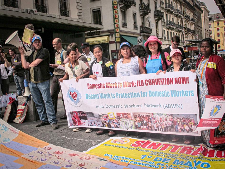 Domestic worker and human rights organizations join forces in Geneva, to demonstrate alongside the opening policy negotiations. June 2010.