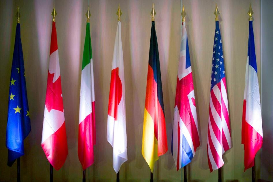 Flags of the G7 Europe, Canada, Italy, Japan, Germany, England, USA and France in Paris, France on July 4th, 2019.