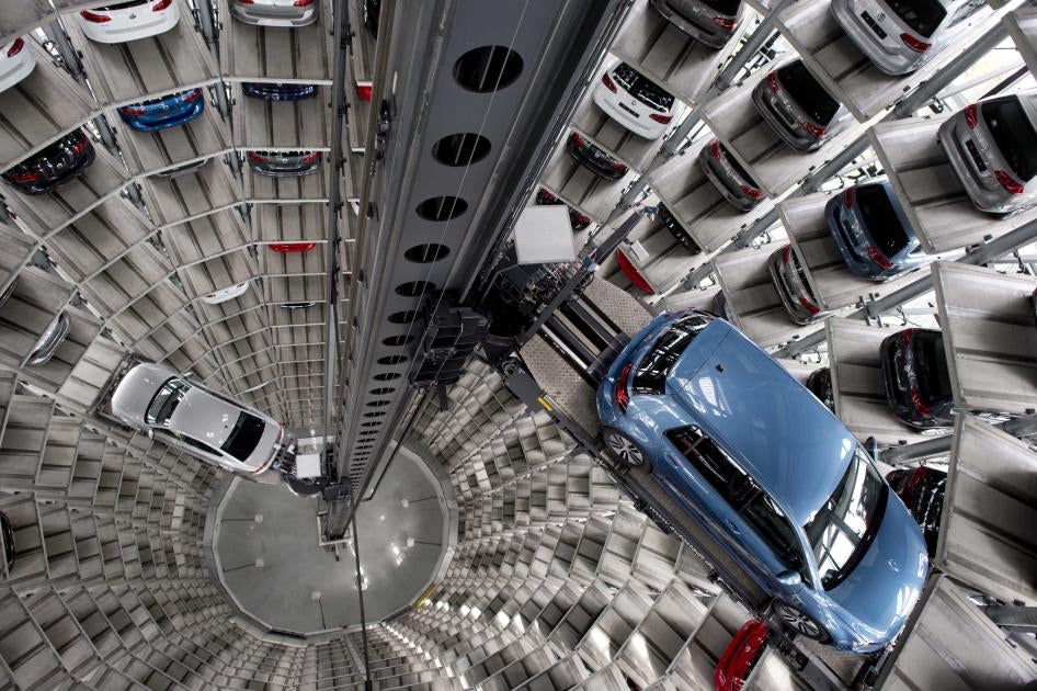 An aerial shot from the interior of a car storage tower