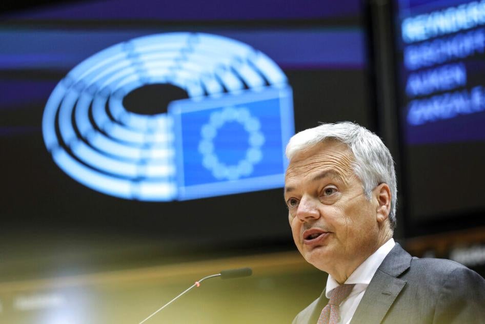 European Commissioner for Justice Didier Reynders delivers the opening statements during a plenary session on the Commissions 2020 Rule of law report at the European Parliament in Brussels, Belgium on June 23, 2021. 