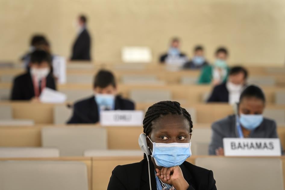 Delegates attend a session on racism and police brutality resolution in the wake of the death of George Floyd, at the United Nations Human Rights Council in Geneva, Switzerland on June 19, 2020.