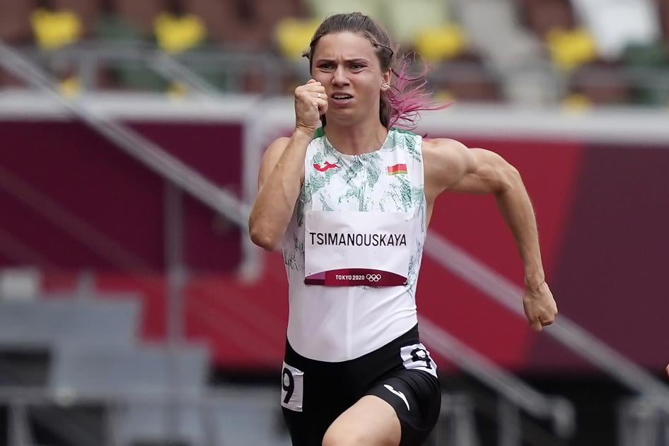 Белорусская спортсменка Кристина Тимановская в забеге на 100 метров среди женщин на Олимпийских играх 2020, пятница, 30 июля 2021 года. 