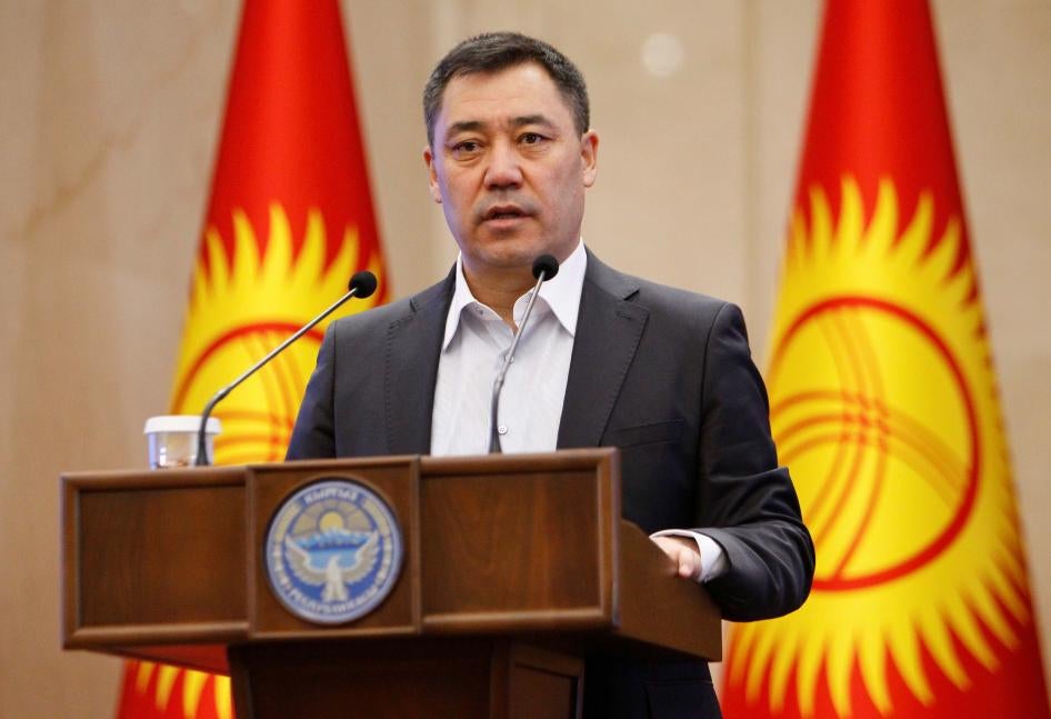 Kyrgyzstan's Prime Minister Sadyr Japarov delivers a speech during a session of parliament in Bishkek, October 16, 2020.