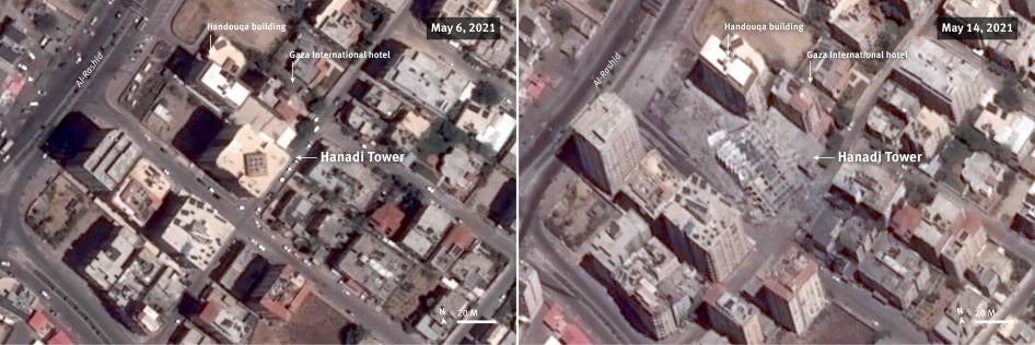Before and after satellite imagery illustrates the attack and associated damage on Hanadi tower and neighboring structures 