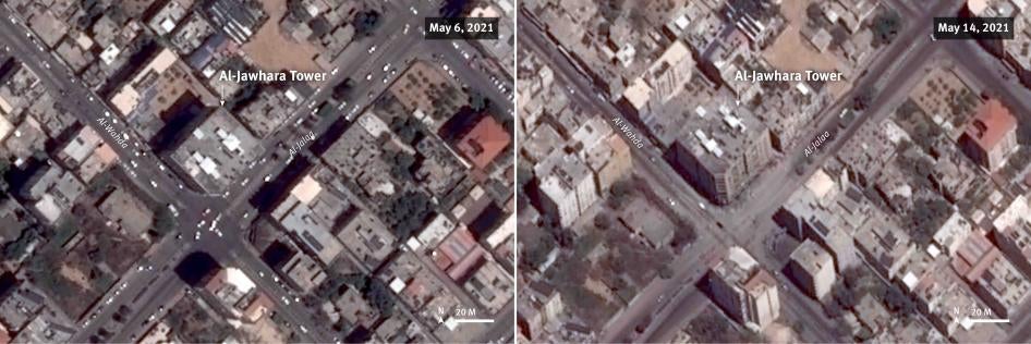  Before and after satellite imagery illustrate the attack on al-Jawhara tower on May 12, 2021