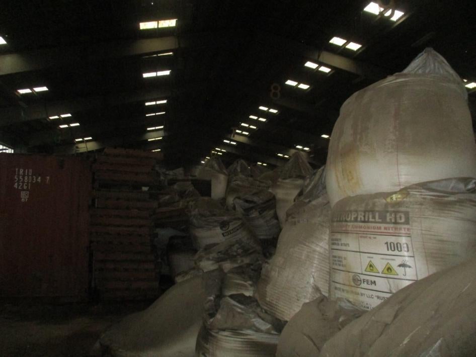 Bags of ammonium nitrate in a storage hangar