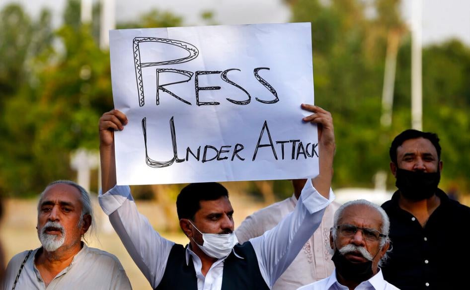 Pakistani journalists and activists at a demonstration called by the journalists union to condemn attacks on the media, in Islamabad, Pakistan, on May 28, 2021.