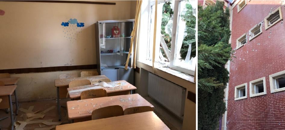 Side-by-side photos of damage to a classroom and exterior of a school 