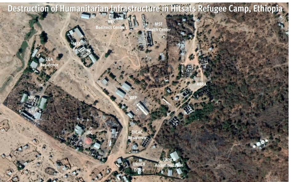 Image satellite datée du 27 janvier 2021, montrant la destruction partielle du camp de réfugiés de Hitsats, dans la région du Tigré dans le nord de l’Éthiopie. Diverses infrastructures utilisées à des fins humanitaires ont subi des dégâts considérables.