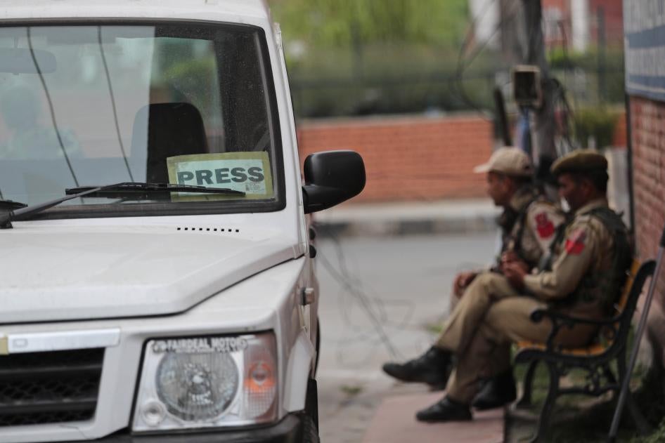 Policemen at the entrance of Press Enclave, which houses several newspaper offices, in Srinagar, India, September 8, 2021. 