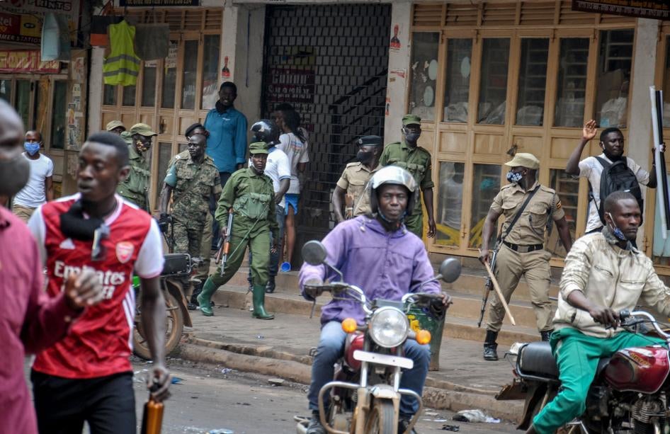 Ugandan security forces patrol on a street in Kampala, Uganda, November 19, 2020.