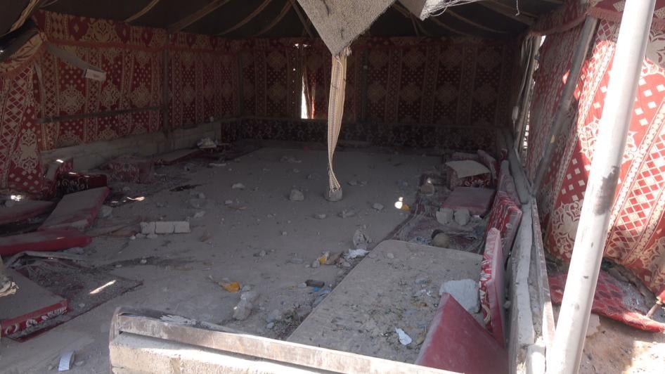 A tent belonging to an attacked house showing the impact of the Houthi missile attack in Al-Amoud in al-Jubah district, Marib governorate, Yemen pictured on October 29, 2021.