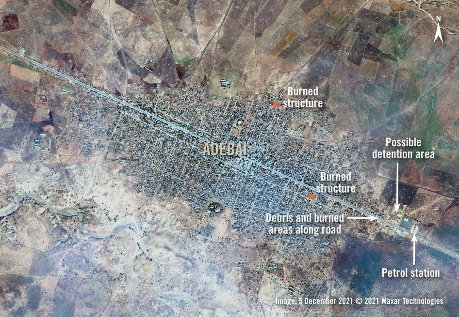 Satellite image collected of the town of Adebai, in northern Ethiopia’s Western Tigray administrative zone, showing overview of locations of damage and a possible detention site. 