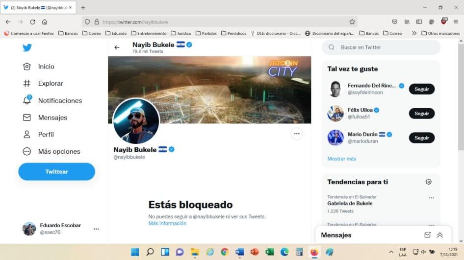 Captura de pantalla del bloqueo de Twitter del presidente Nayib Bukele a Eduardo Escobar, el director de una ONG.