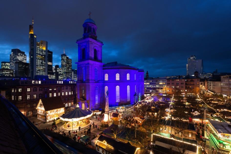 St. Paul's Church in Frankfurt am Main, Germany, is lit blue to celebrate Human Rights Day on December 10, 2019.