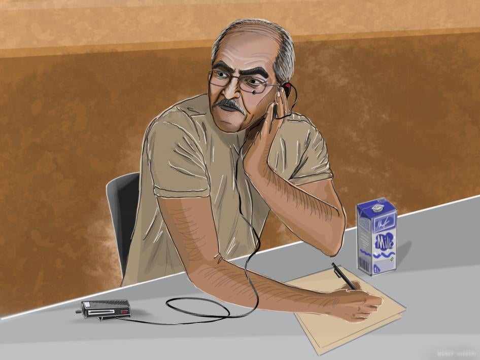 Illustration of a man sitting at a table wearing headphones and writing on a notepad