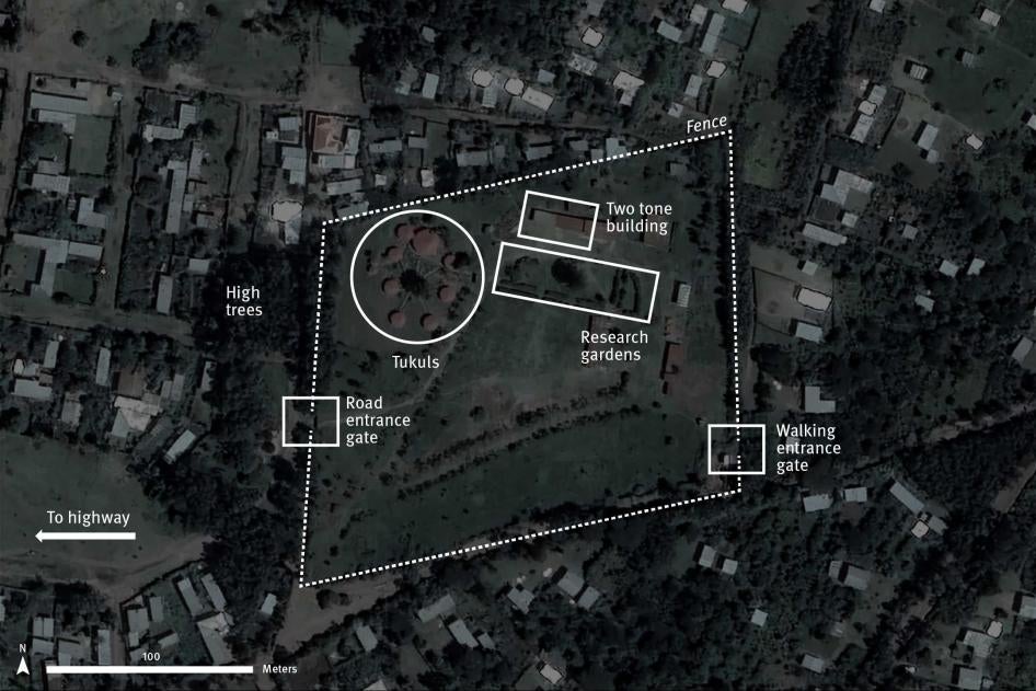 Based on interviews, Human Rights Watch identified this location in Shone Agricultural College of Wachamo University as the likely facility used to detain Tigrayan deportees in Shone town, in the Southern Nations, Nationalities, and Peoples' Region of Ethiopia. The annotated graphic corroborates descriptions given during interviews with landmarks visible in satellite imagery.  Satellite imagery: 20 October 2021. © 2021 CNES / Airbus. Source: Google Earth