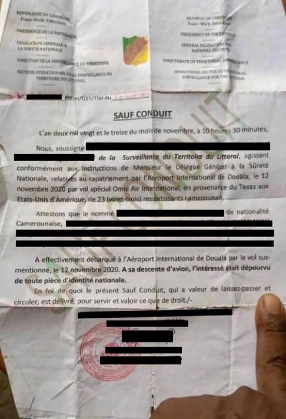 A redacted official document written in French