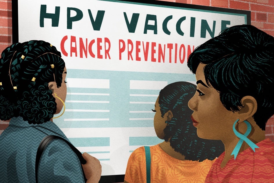 Illustration of three Black women reading a poster titled "HPV Vaccine: Cancer Prevention"