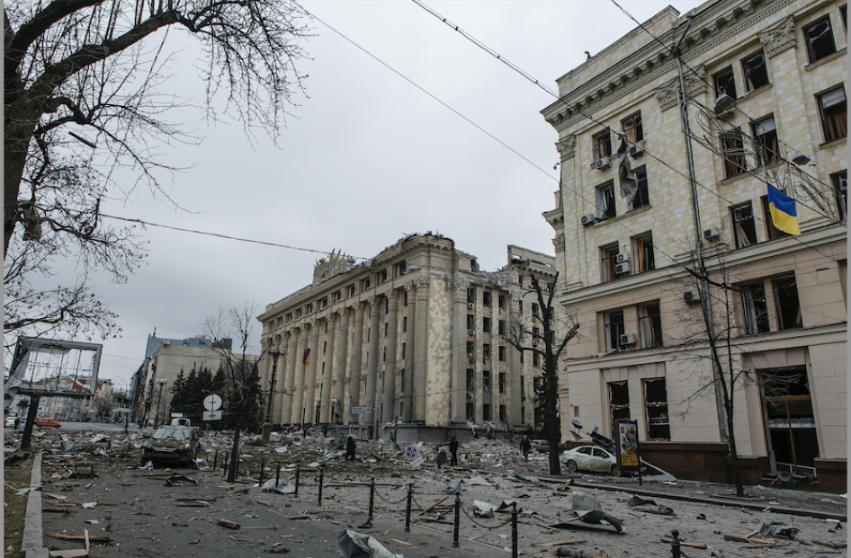 A view of the central square following shelling of the City Hall building in Kharkiv, Ukraine. © March 1, 2022