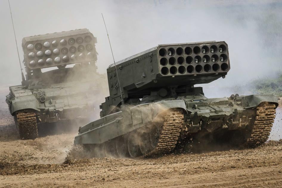 Russian TOS-1A multi-barrel rocket launchers photographed on exercises in 2021.  These weapons can rapidly launch a volley of 24 MO.1.01.04-series rockets with thermobaric warheads up to 6-8 kilometers away.