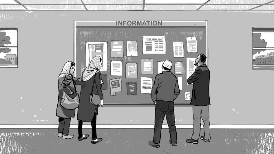 Black-and-white illustration of two Afghan women and two Afghan men standing in front of an information board