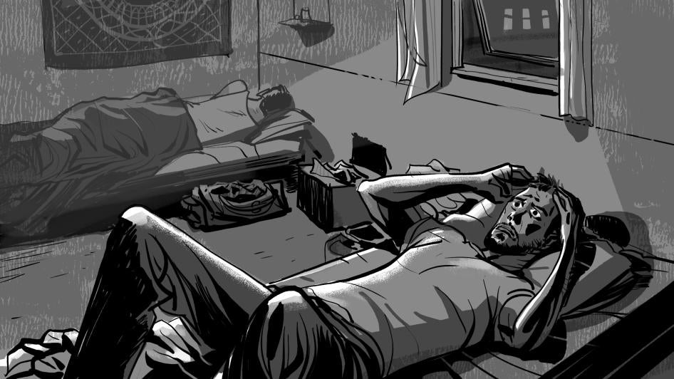 Black-and-white illustration of two men in a bedroom, lying on their beds. One is turned away and seems asleep, covered with a blanket. The other man lies on his back, wearing trousers and a t-shirt, with his eyes wide open, staring at the ceiling. He is holding his head with both hands, he seems frightened
