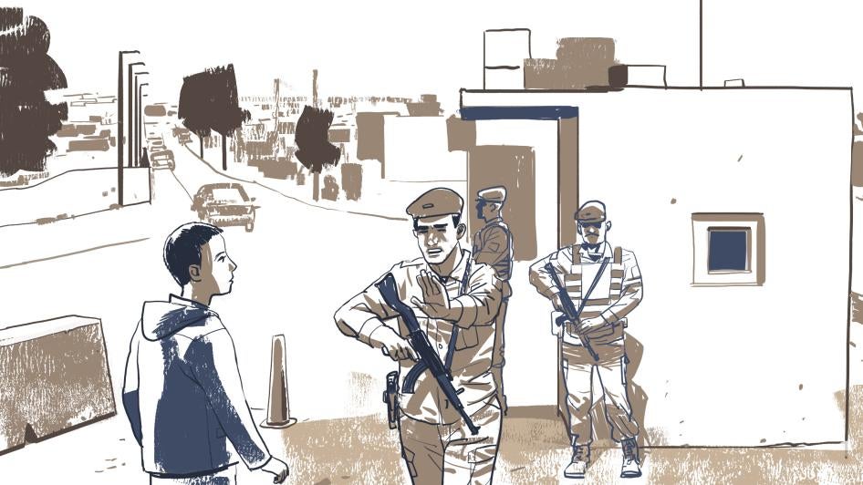 An illustration of security forces confronting a woman with short hair