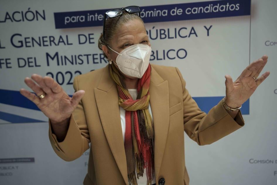 Guatemalan Attorney General Consuelo Porras, who is seeking re-election, speaks to the press after an interview with a nominating commission in Guatemala City, Wednesday, April 6, 2022.