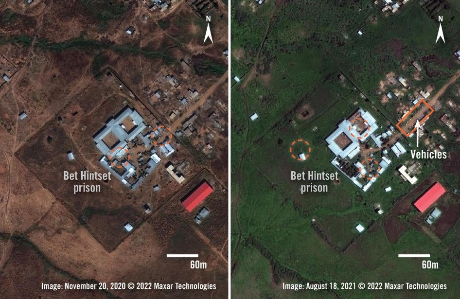 Satellite imagery from November 20, 2020 and August 18, 2021 shows the Bet Hintset prison in Humera. New debris is visible on both dates – circled in orange. On August 18, there are many vehicles visible outside of the prison gates.