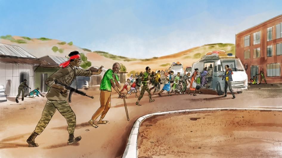 Illustration of security forces rounding up civilians