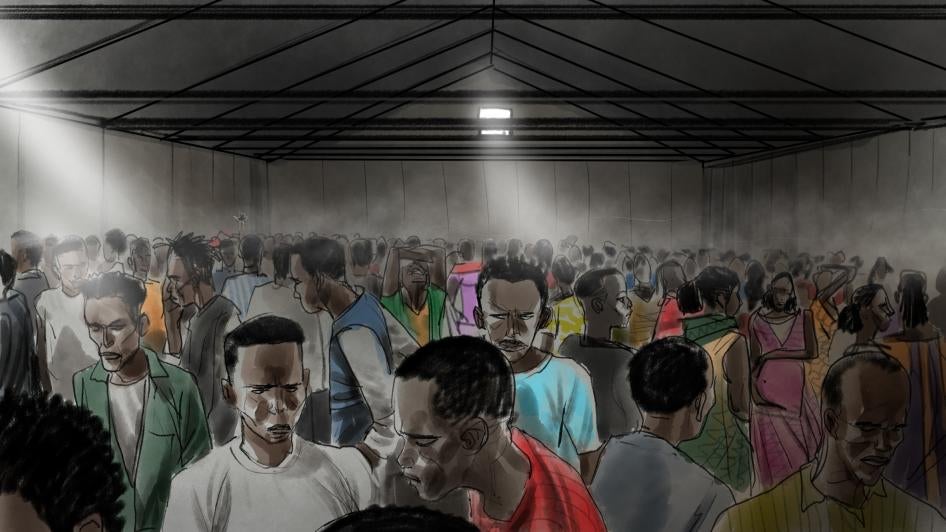 Illustration of people crowded in a dark warehouse