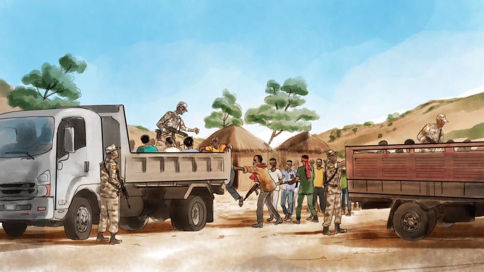 Illustration of armed soldiers forcing men into vehicles