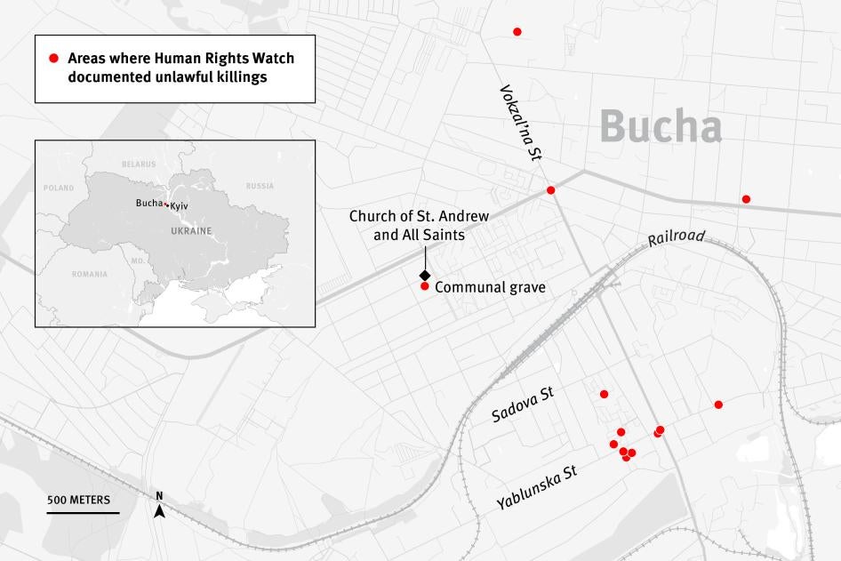 Carte de Boutcha (Ukraine), montrant les sites d’exécutions sommaires ou de meurtres d’habitants par les forces russes lors de leur occupation de la ville en mars 2022, selon les recherches menées par Human Rights Watch.