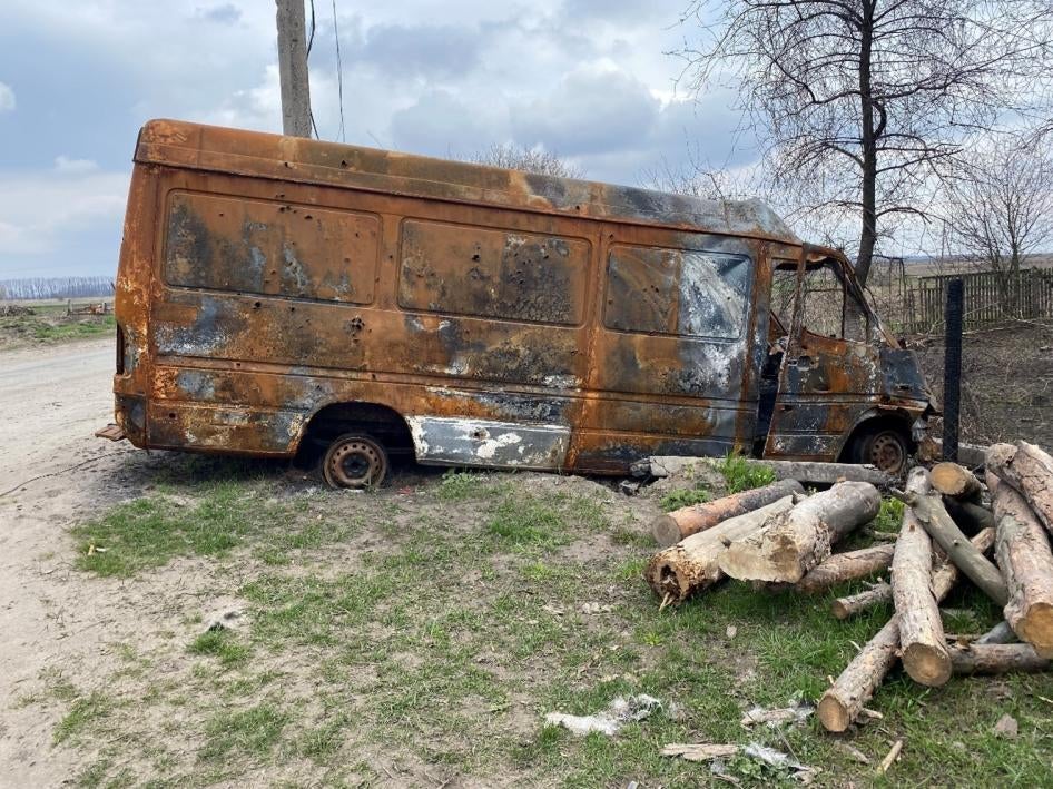 The van of Ihor Yakob, which Russian forces opened fire on in the village of Nova Basan on March 12, 2022, wounding Ihor and setting the vehicle on fire. Russian forces pulled out the driver, Andrii, 30, and summarily executed him. 