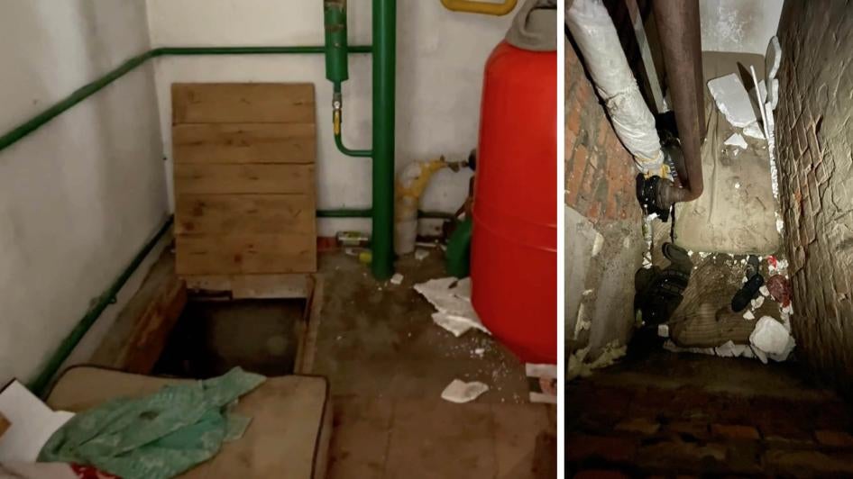 Left: Entry to the pit in the boiler room where five men were held for several days in late March. Right: Inside the pit in the boiler room. One was hurt and was lying down, while others could only stand or bend down, Novyi Bykiv, April 16, 2022.