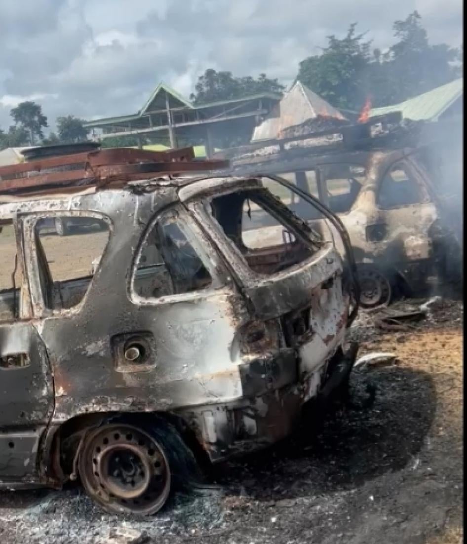 Armed separatist fighters set fire to at least five cars during an attack on the taxi and bus station in Mamfe, South-West Cameroon, on April 28, 2022.