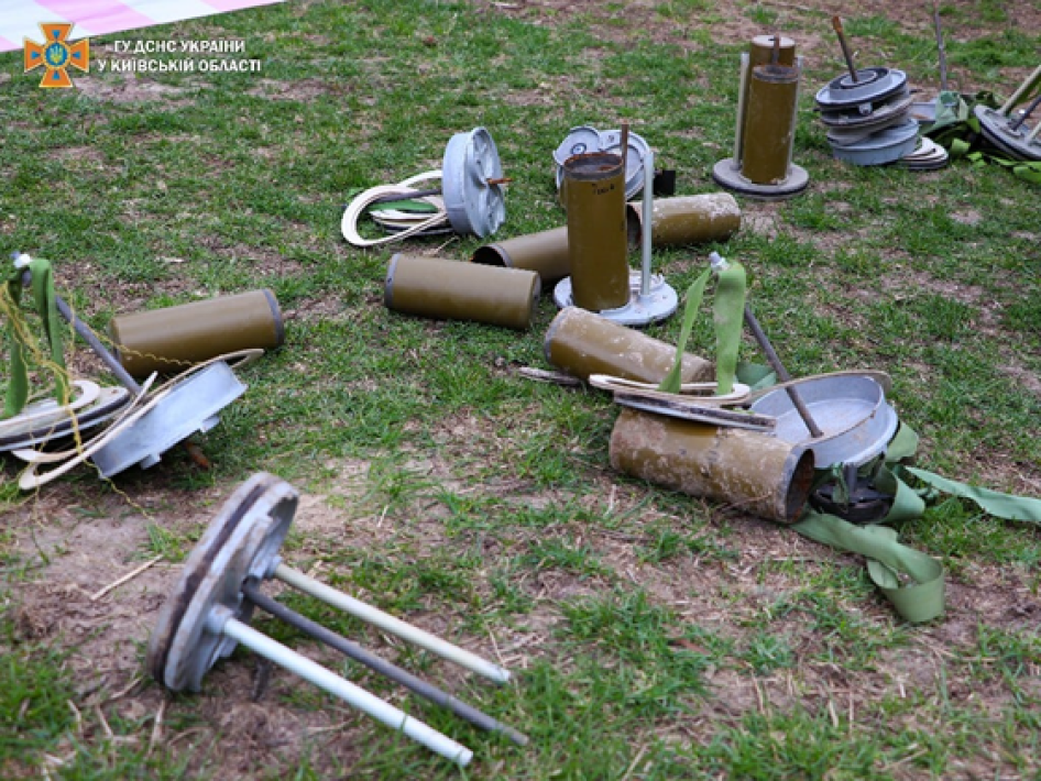 POM-2 antipersonnel mines and their KPOM-2 dispensers that Kharkiv emergency services cleared from near villages in the Kyiv region, Ukraine, April 17, 2022.