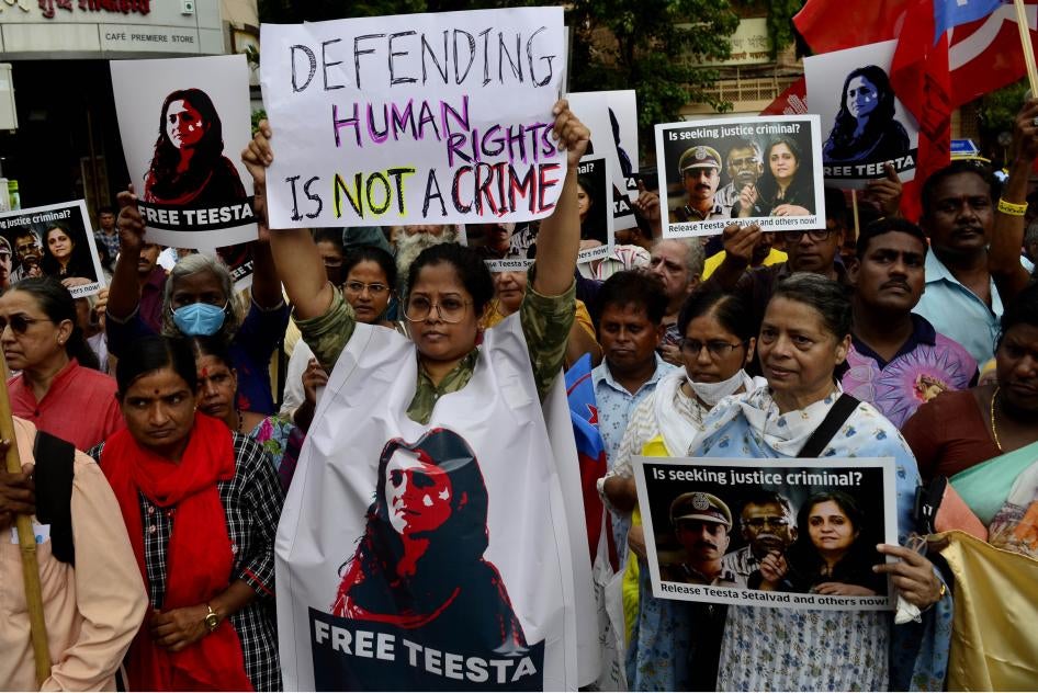 Protestors demand the release of activist Teesta Setalvad after she was arrested in Mumbai, India.