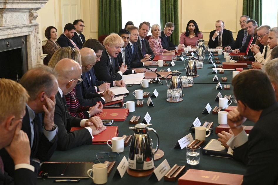 UK Prime Minister Boris Johnson, center, speaks during a cabinet meeting