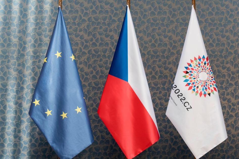 Flag of European Union, flag of Czech Republic, and flag of Czech Presidency of the Council of the European Union