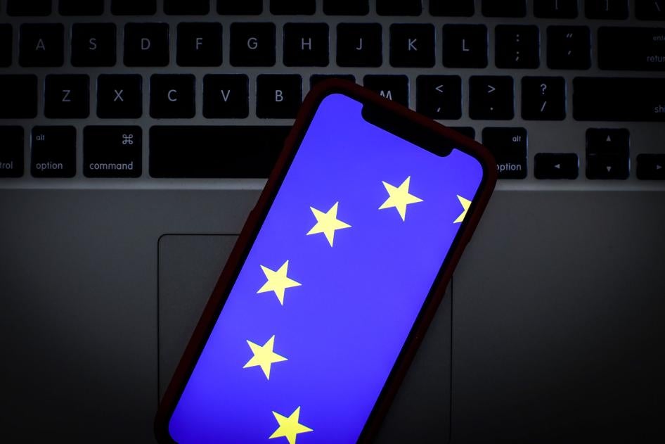 The European Union logo is seen on a portable mobile device