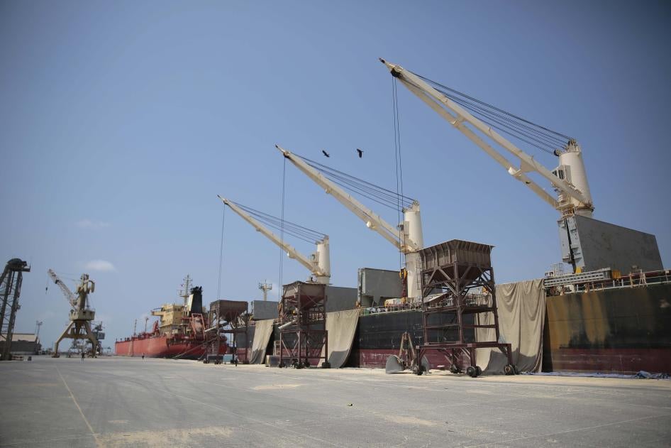 Idle cargo and oil tanker ships at the port of Hodeida, Yemen.