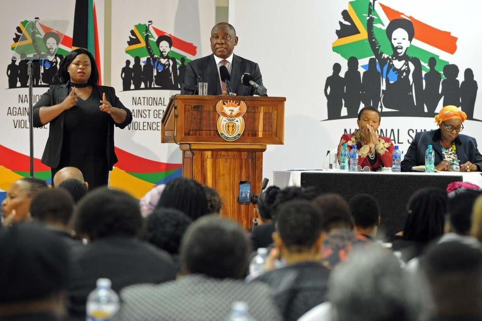 President Cyril Ramaphosa delivering the keynote address at the National Gender-based Violence and Femicide Summi.