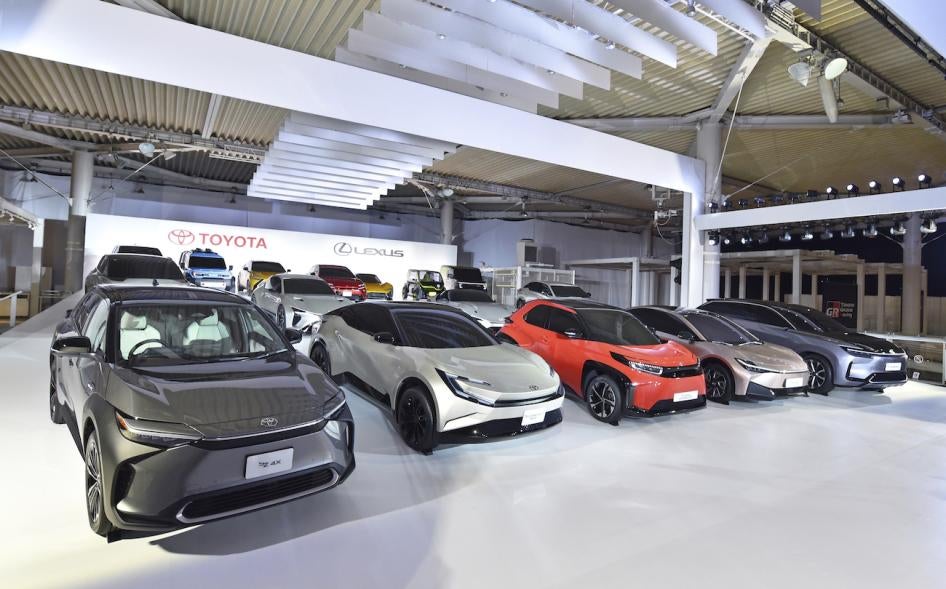 Toyota electric vehicles are displayed at Odaiba Showroom in Tokyo.