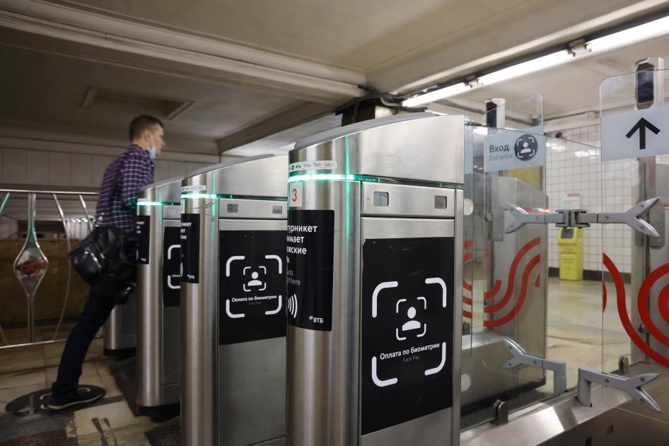 Facial recognition payment gates at Smolenskaya metro station in Moscow, Russia.