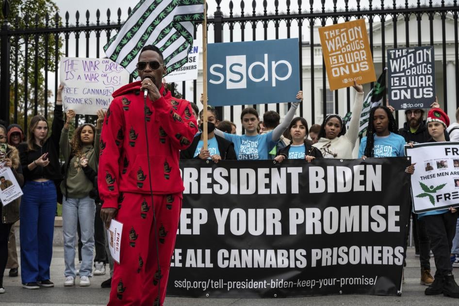 Rapper M-1speaks at a protest for cannabis reform outside the White House in Washington, D.C.