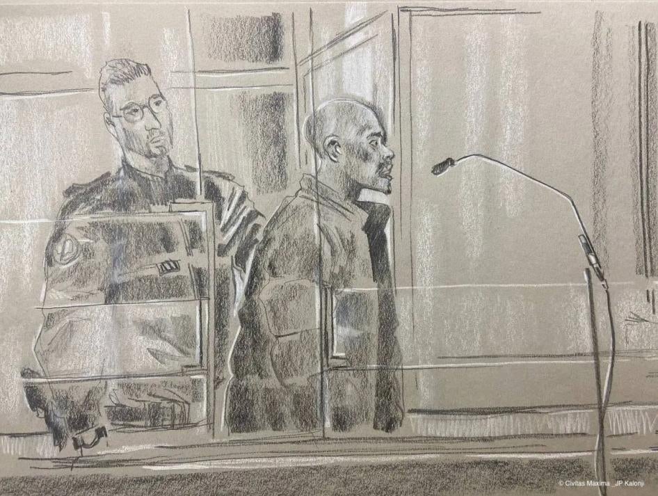 A courtroom sketch showing Kunti Kamara addressing the Paris Criminal Court during his trial, October 2022. 