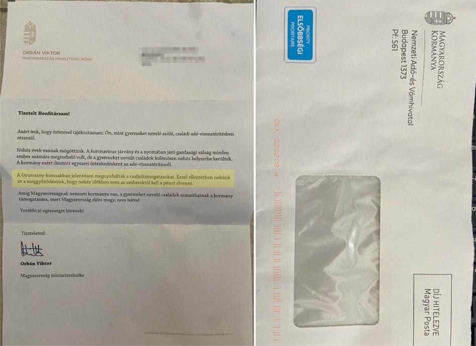 Side-by-side photos of a redacted letter and envelope