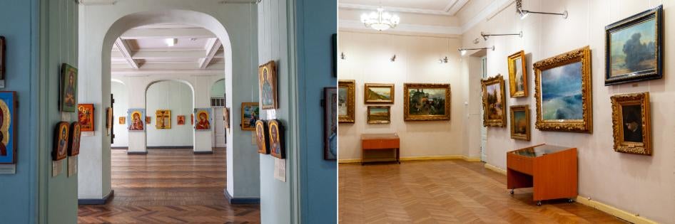Side-by-side photos of art galleries in a museum